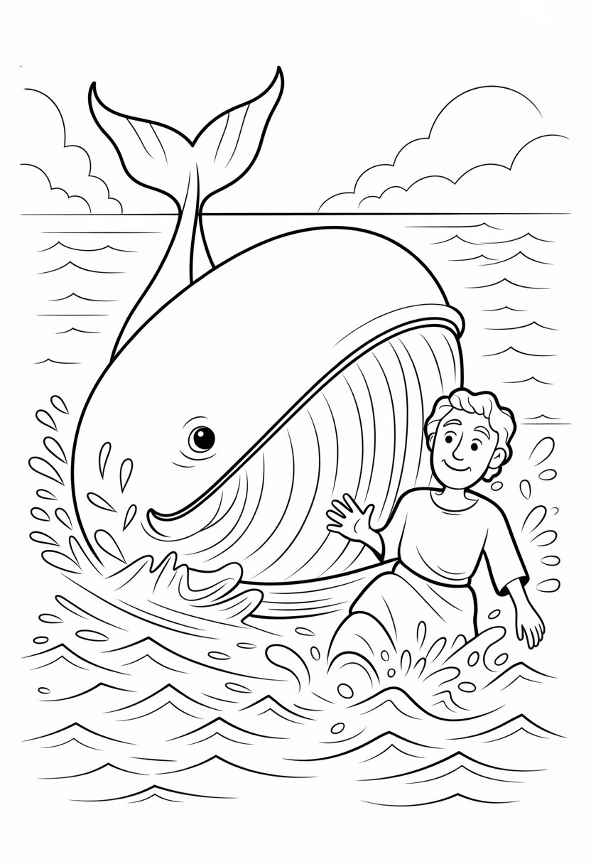 Christian Coloring Pages for Kids: 20 Inspirational Designs to Inspire Faith 32 Jonah being released from the mouth of a large whale emerging from the ocean, with waves and clouds in the background.